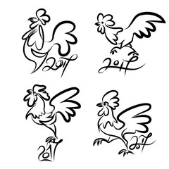 Set cute hand drawn cartoon characters of rooster, symbol of new year 2017. Vector illustration.