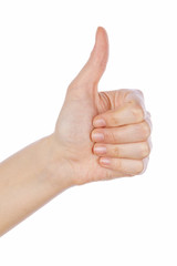 Hand showing thumb up on white
