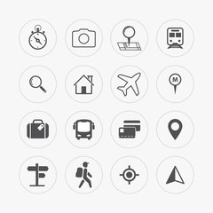 Travel and tourism icon set. Location, navigation, searching, transportation. Vector line icons in flat style