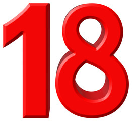 Numeral 18, eighteen, isolated on white background, 3d render
