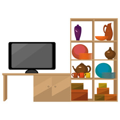 Shelf rack with utensils,kettle, cups ,vases.On the table is a monitor.The flat pattern. Vector illustration.