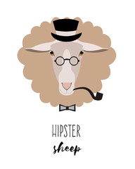 Vector hipster sheep in monocle, hat in flat cartoon style