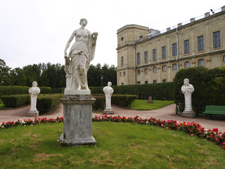 Gatchina park in Saint-Petersburg, Russia with Palace and white statues 