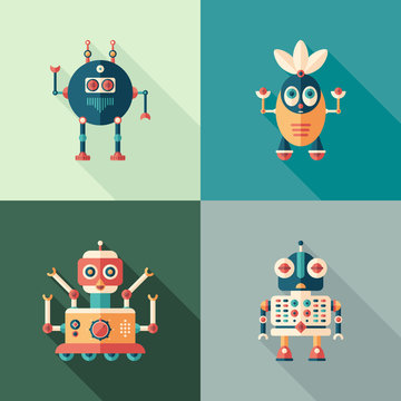 Happy robots flat square icons with long shadows. Set 4