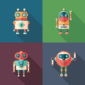 Happy robots flat square icons with long shadows. Set 2