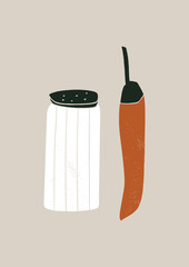  Salt shaker and chili pepper. Spice kitchen illustration 
