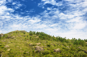 Fototapeta na wymiar Mountain peak with several large rocks on the ground amidst gree
