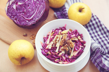 Purple cabbage salad and ingredients on a bright background. 