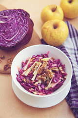 Purple cabbage salad and ingredients on a bright background. 