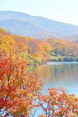Autumn colors and a lake at Mt Kurikoma in Akita and Iwate