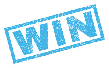 Win text rubber seal stamp watermark. Caption inside rectangular banner with grunge design and dust texture. Inclined vector blue ink sign on a white background.