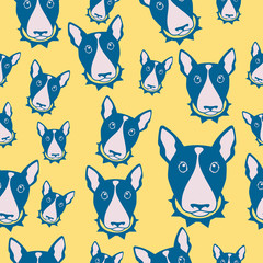 Obraz premium Happy dog bull terrier black and white vector background. Seamless pattern.