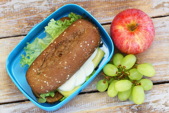 Healthy lunch box containing brown roll with cheese and egg and fresh fruit
