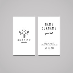 Donations and charity business card design. Hands & heart logo.