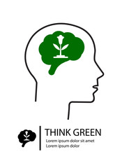 Think green concept. Plant of green idea grow on human brain symbol. business and green industrial idea. Vector illustration