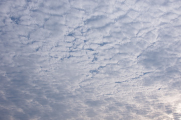 Blue sky and white clouds shining in evening golden sun light.