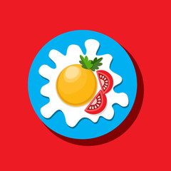 Food icon concept. Fried egg tomato and herb. Freehand drawn cartoon retro style. Colorful symbol of breakfast morning cooked meal. Vector template for cooking sign project banner background