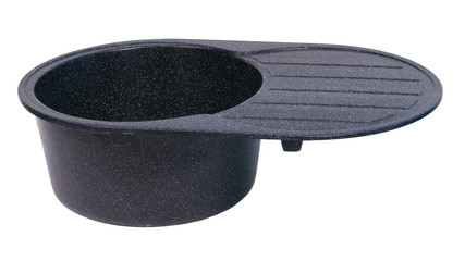 black sink for the kitchen of granite on a white background side view