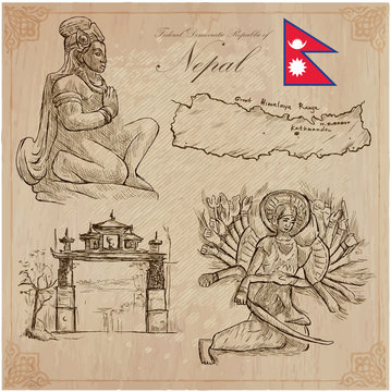 Nepal - Pictures of life. Travel pack. Vector collection. Hand drawings. Set of freehand sketches.