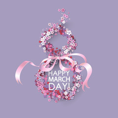 Women day background with frame flowers and pink ribbon. 8 March invitation card. Vector illustration.