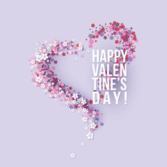 Valentines Day card with pink flowers heart shaped with text. Vector illustration
