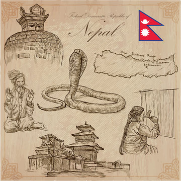 Nepal - Pictures of life. Travel pack. Vector collection. Hand drawings. Set of freehand sketches.
