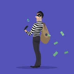 A thief with a stolen diamond, and a bag of money. Robber with a bag of stolen goods.