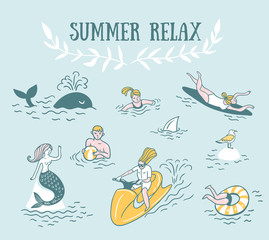 People actively relax, swim in the sea. Summer sea vacation illustration. Vector seamless pattern.