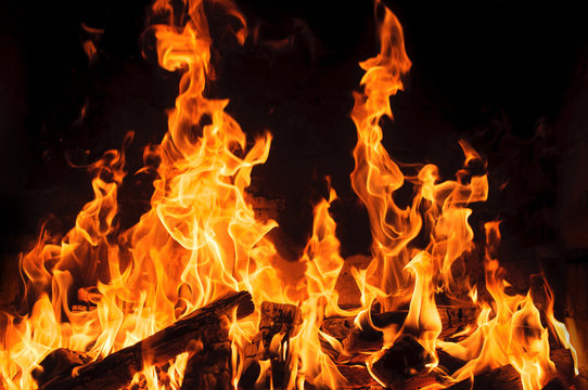 fire and wood burning in a fireplace. Close-up image