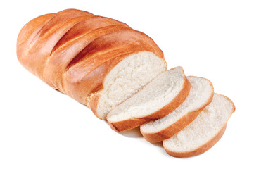 loaf bread with sliced on white backdrop