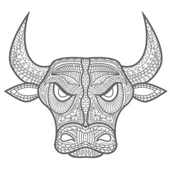 Vector illustration of bull's head grey mandala, testa di toro mandala grigio vettoriale su sfondo bianco