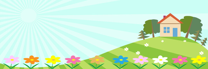 The background panorama. Green field, colorful flowers.Sky with sun.Little house on a background of trees.Vector illustration.