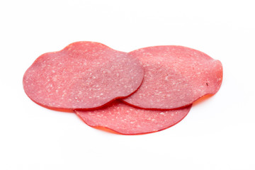 Salami smoked sausage one slice isolated on white background cut
