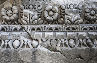 Ancient Roman-Greek ornaments with plants and flowers on a ruine