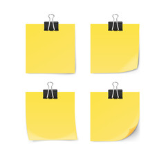 Yellow sticky note with paper clip isolated on white background. Vector illustration.