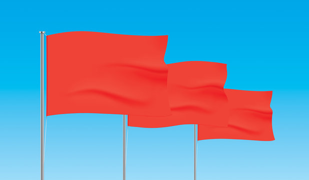 Perspective Row Of Red Flags. Waving Flag Vector Templates. Advertising Flags Realistic Mockup.