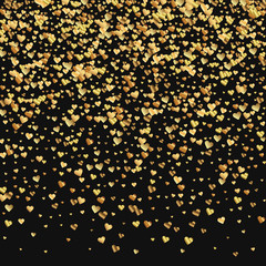 Gold gradient hearts confetti. Top gradient on black valentine background. Vector illustration.