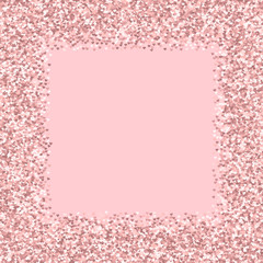 Pink golden glitter made of hearts. Chaotic border on pale_pink valentine background. Vector illustration.