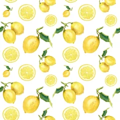 Papier Peint photo autocollant Citrons Modèle sans couture aquarelle avec des citrons. Ornement d& 39 agrumes peint à la main sur fond blanc pour la conception, le tissu ou l& 39 impression.