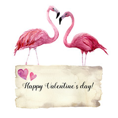 Watercolor card with couple of flamingo and Happy Valentine's Day inscription. Exotic hand painted bird illustration and paper texture isolated on white background. For design, prints