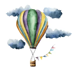Papier Peint photo Ballons à air aquarelle Ensemble de montgolfières à l& 39 aquarelle. Ballons à air vintage peints à la main avec des guirlandes de drapeaux, des nuages et un design rétro. Illustrations isolées sur fond blanc