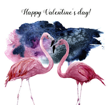 Watercolor card with couple of pink flamingo and Happy Valentine's Day inscription. Exotic hand painted bird illustration isolated on white background. For design, prints or background