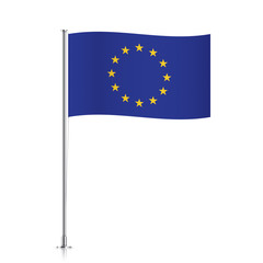 European Union vector flag template. Waving EU flag on a metallic pole, isolated on a white background.