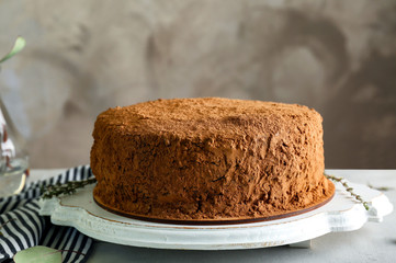 Tasty chocolate cake on table, closeup