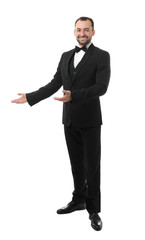 Handsome waiter on white background