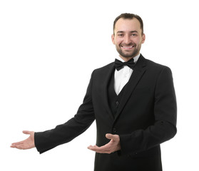 Handsome waiter on white background