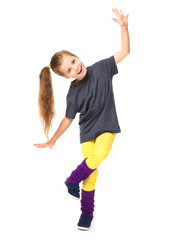 Cute funny girl dancing on white background