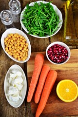 Roasted carrots, goat’s cheese and pomegranate seeds salad. Ingredients