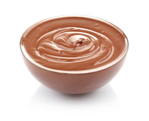 Chocolate mousse in dessert bowl on white background