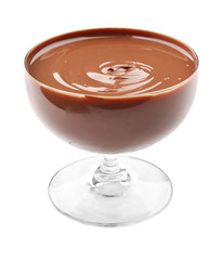 Chocolate mousse in portion dessert bowl on white background
